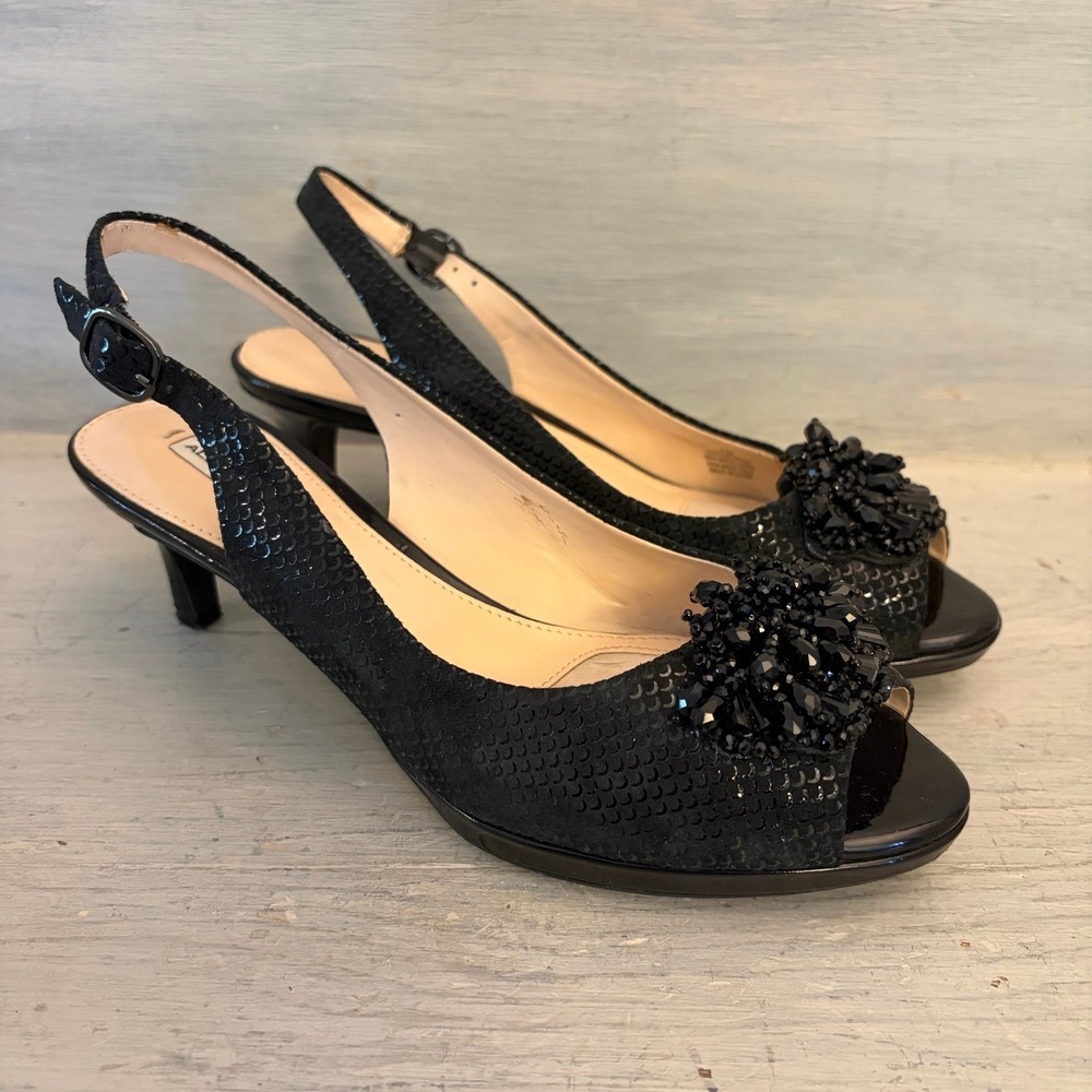 Alex Marie Black Leather Beaded Open Toe‎ Slingback Kitten Heels Size 7 GC